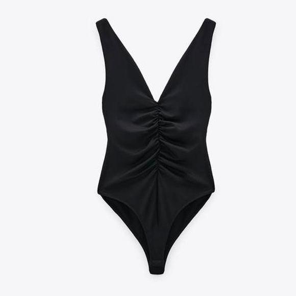 Zara Tops - ZARA Black Ruched Deep V Bodysuit – Size L (Fits Like M / 6–8)